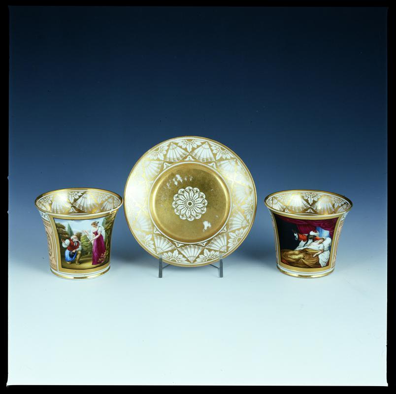 Pair of cabinet cups & one saucer, scenes from Shakespeare's Richard II and Othello, c1807-11