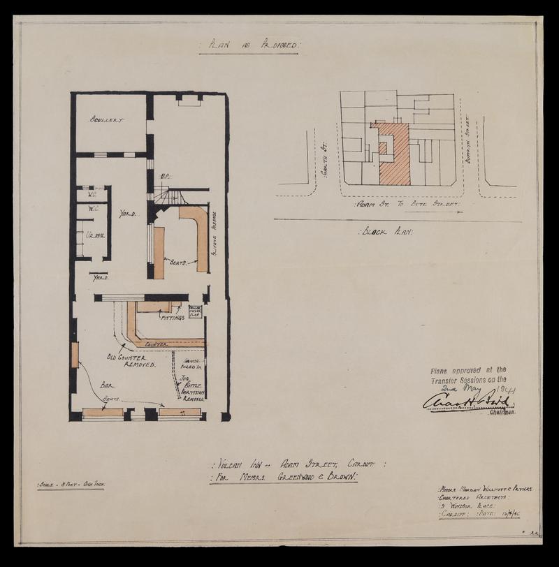 Architectural plan of The Vulcan Hotel Labelled 'Vulcan Inn. For Messrs Greenwood & Brown'. Submitted as part of Planning Application. Approved May 1941