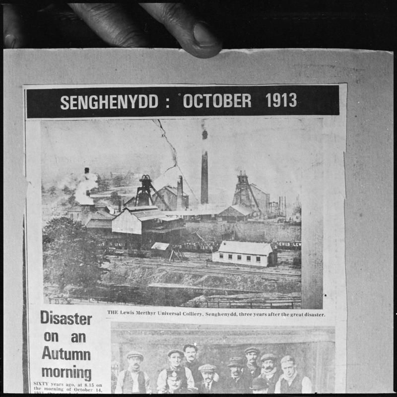 Black and white film negative showing Universal Colliery, Senghenydd 'three years after the great disaster' of 1913, photographed from a publication.
