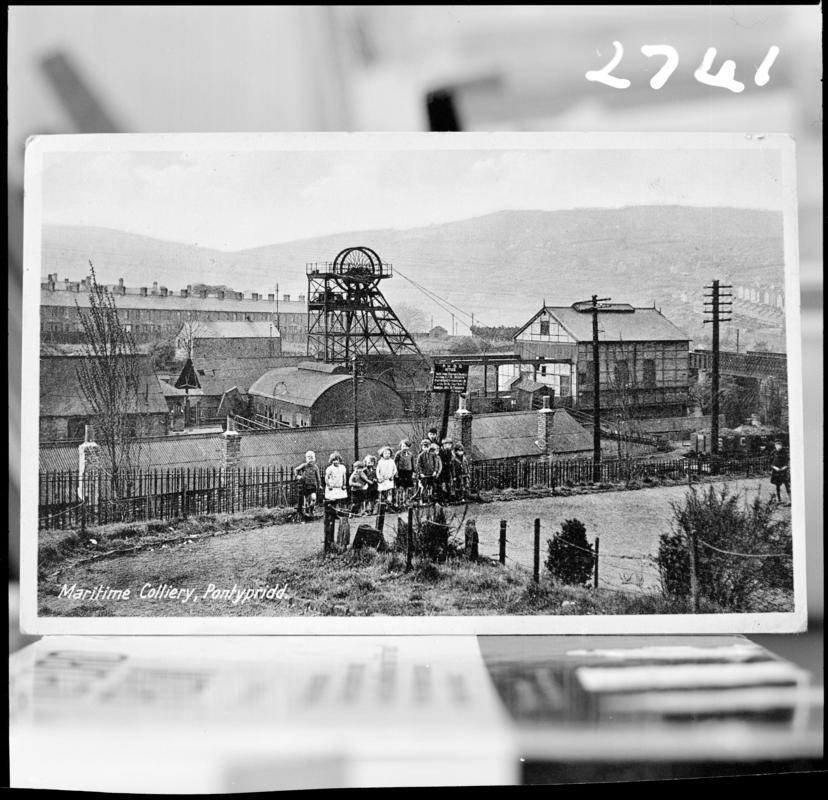 Black and white film negative of a photograph showing a general view of Maritime Colliery.  'Maritime Colliery' is transcribed from original negative bag.