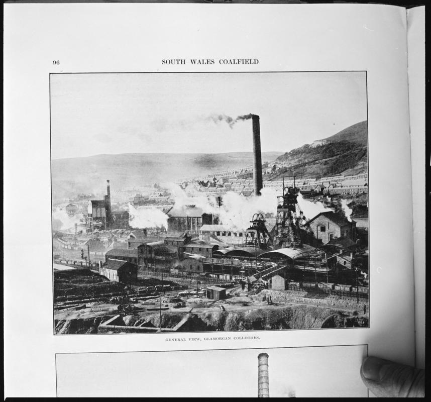 Black and white film negative showing a general surface view of Glamorgan Colliery, photographed from a publication.  'Glamorgan Colliery' is transcribed from original negative bag.