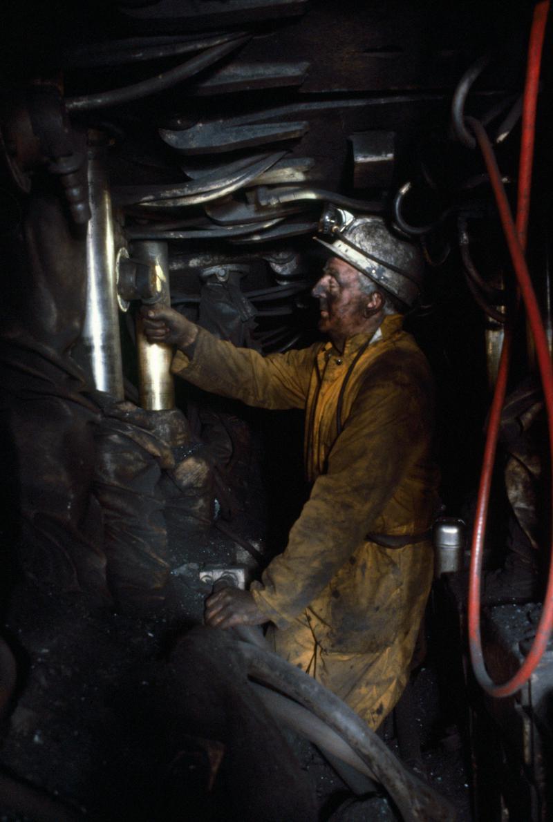 Colour film slide showing a 'chocksman' underground, Oakdale Colliery 21 May 1981.