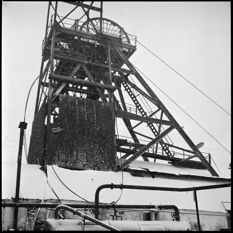 Black and white film negative showing the headframe, Big Pit.