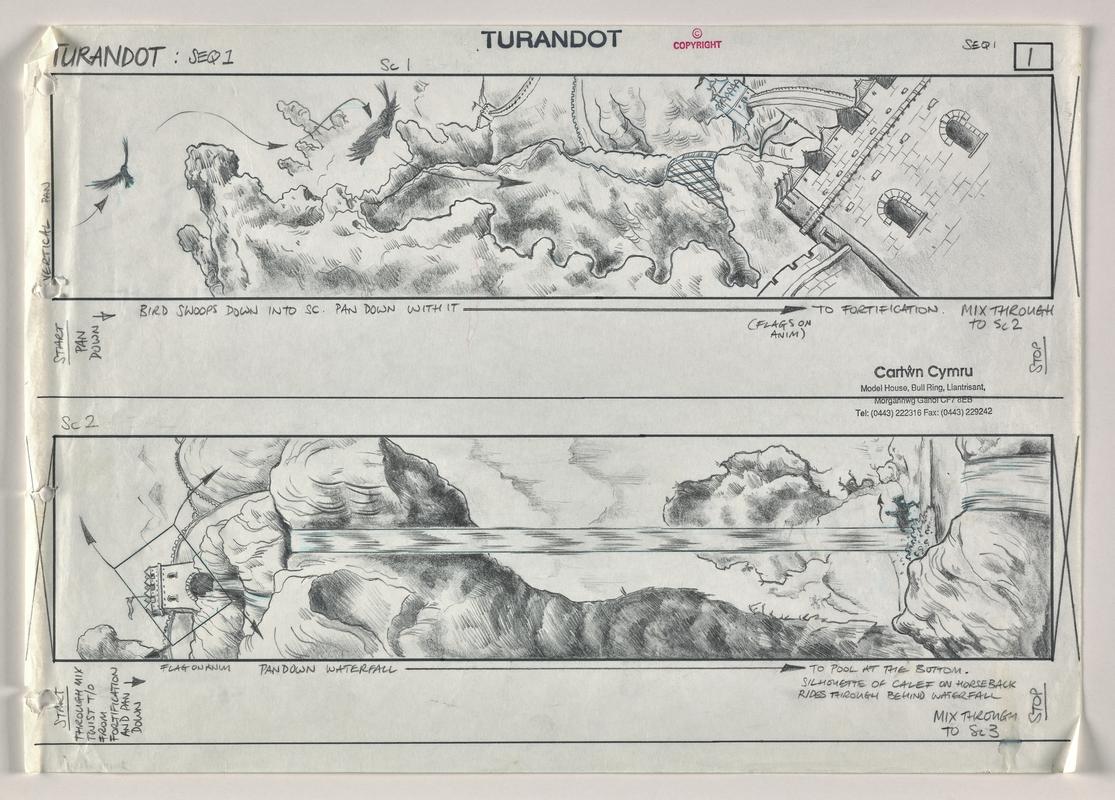 Storyboard page showing two opening scenes from the animation Turandot. Stamped with production company name.