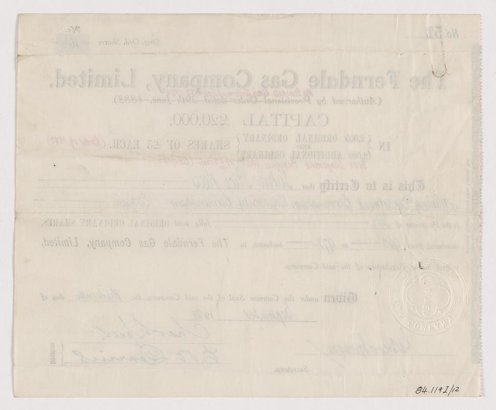 Ferndale Gas Company Limited, share certificate