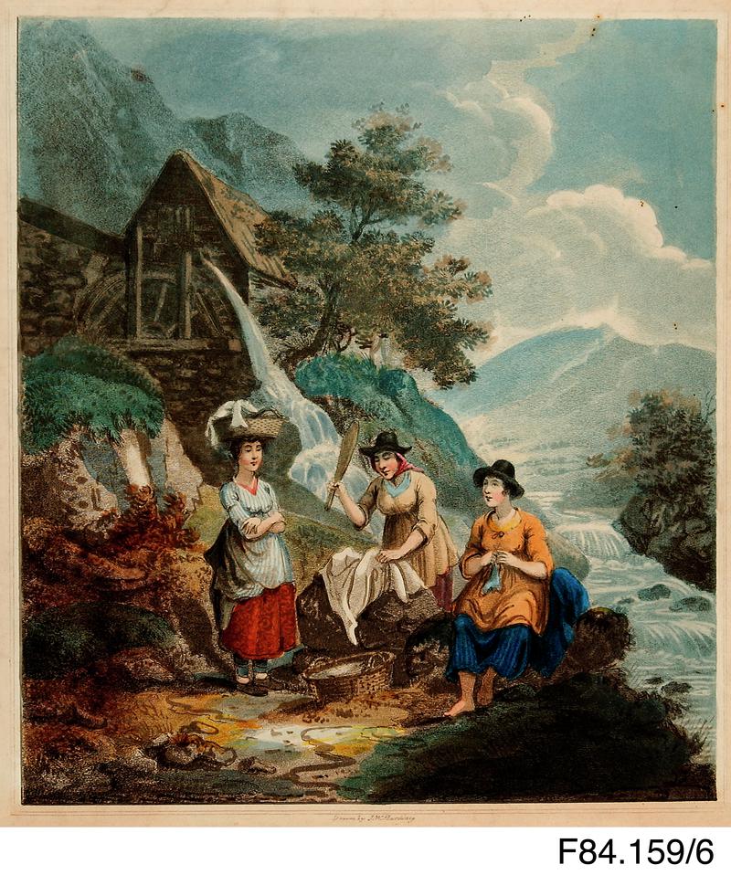 Print.  Women washing clothes by river