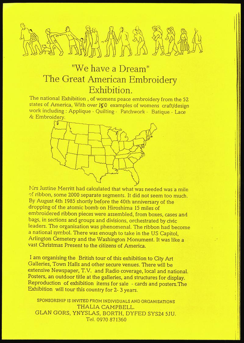 Single sided flyer 'We have a Dream The Great American Embroidery Exhibition'.