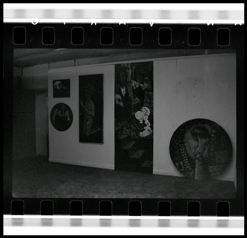 Interior of 'AADW' Workshop, with artwork displayed on the walls. (Association of Artists and Designers in Wales Print Workshop).