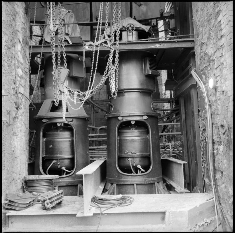 Black and white film negative showing the two sulphur pumps at Llanover which replaced the two Davey steam pumps in 1932.  'Llanover 22/10/75' is transcribed from original negative bag.
