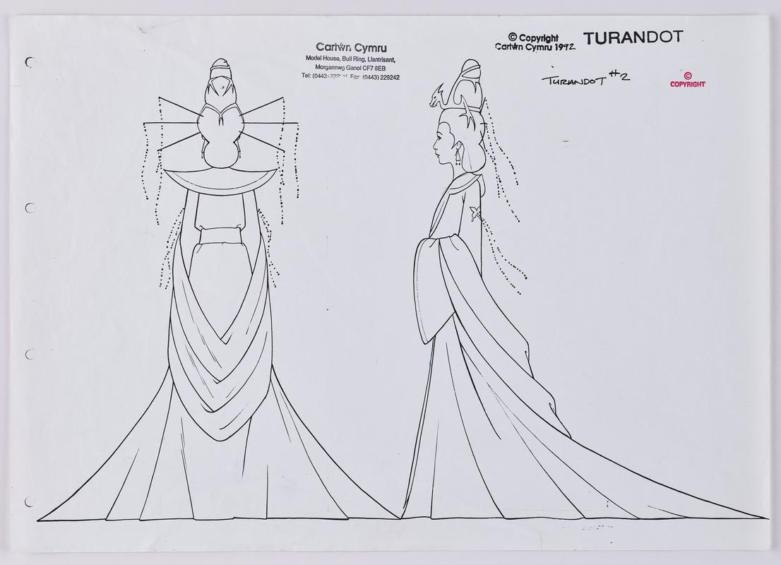 Photocopy of an animation production sketch of the character Turandot. Stamped with production company name.