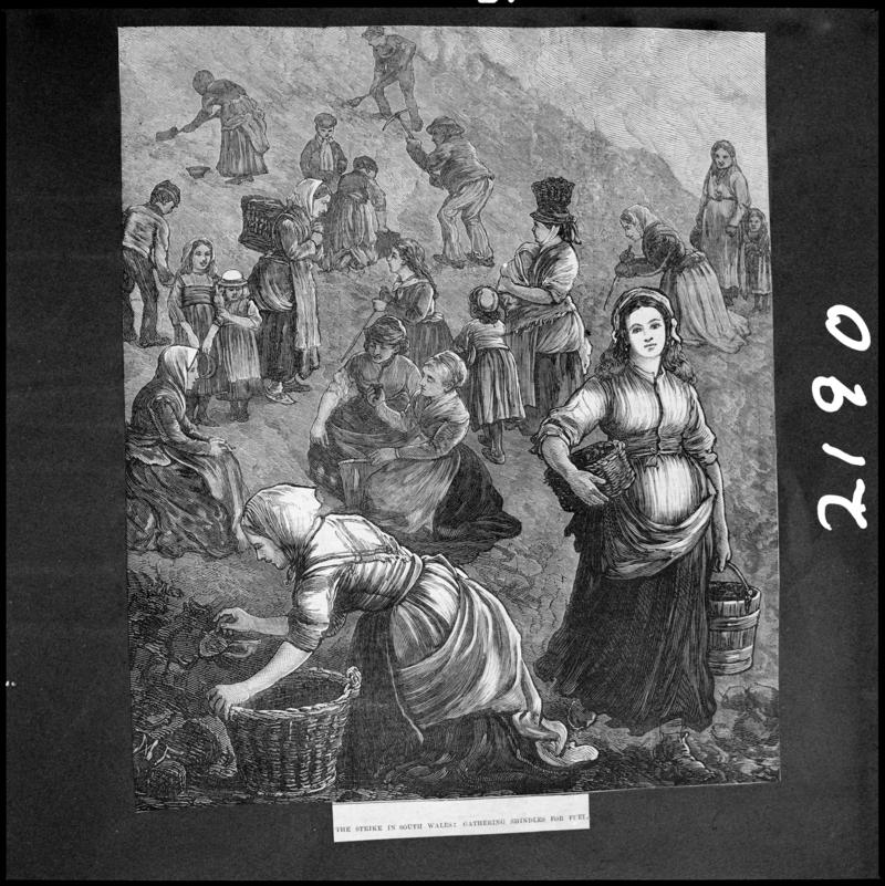 Black and white film negative of a sketched illustration from a publication showing women during a strike, photographed from a newspaper publication.  'Coal strike'  is transcribed from original negative bag.