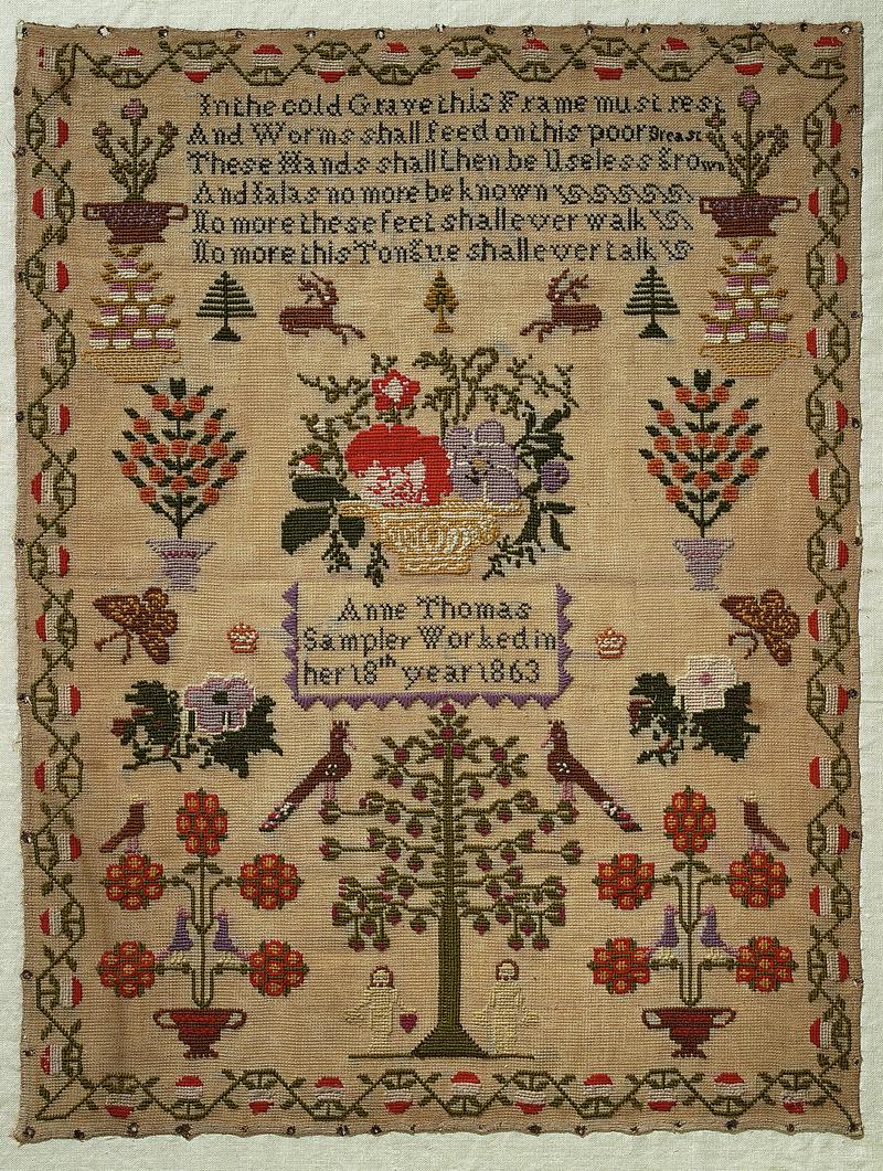 Sampler (verse, motifs & pictorial), made in the Swansea Valley, 1863