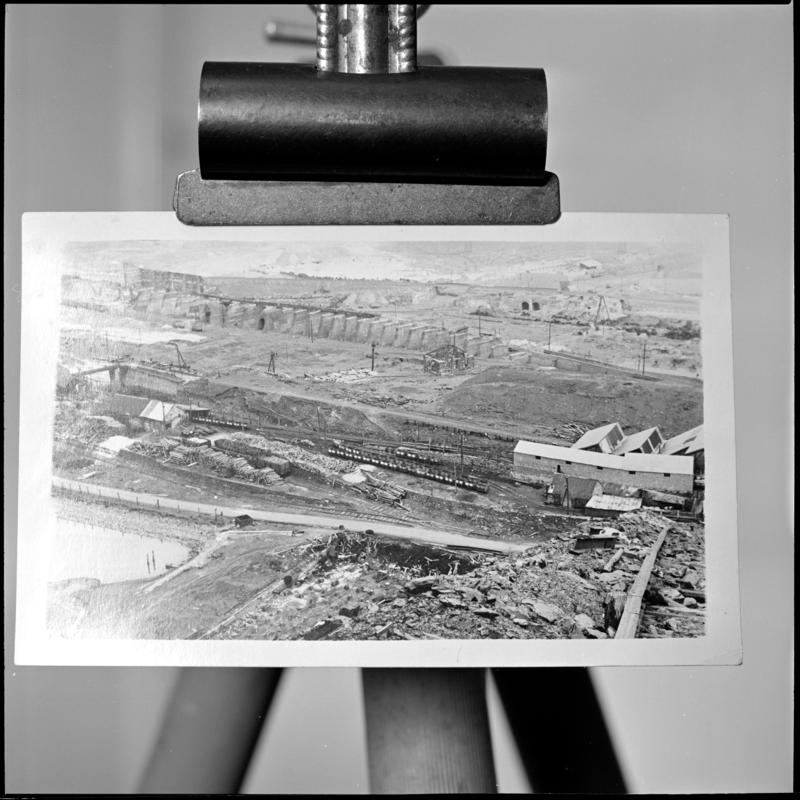 Black and white film negative of a photograph showing a surface view of Big Pit, 1951.  'Big Pit 1951' is transcribed from original negative bag.