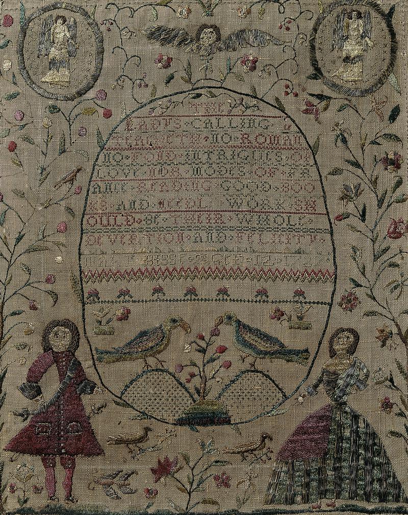 Sampler (verse, stitches & pictorial), made in Wales, 1727