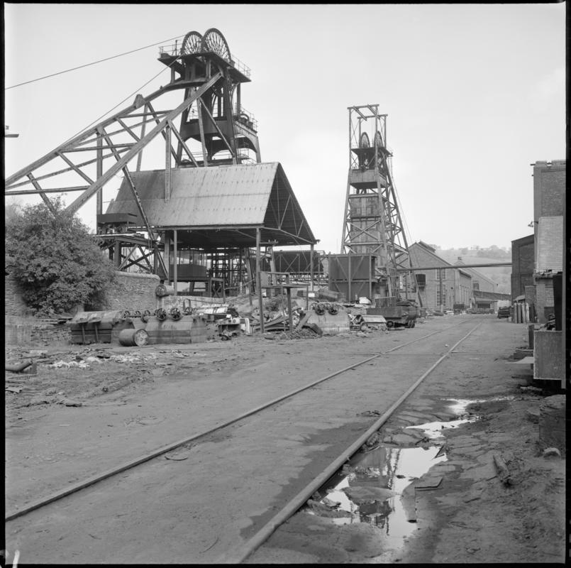 Black and white film negative showing a view of the downcast and upcast shafts, Bargoed Colliery 20 May 1977.  'Bargoed-Glam 20 May 1977' is transcribed from original negative bag.