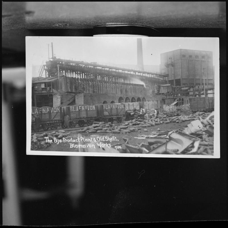 Black and white film negative of a photograph showing 'the By Product Plant & Old Shells, Blaenavon Works.'