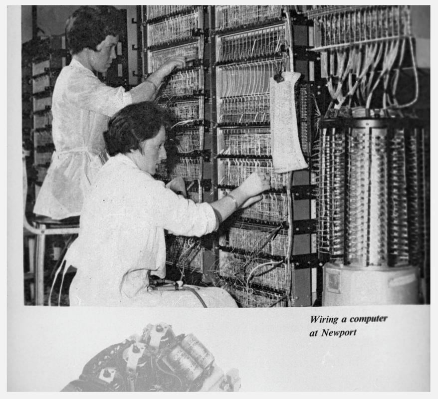 Two women wiring a Stantec "Zebra" mainframe computer at Standard Telephones & Cables Ltd., Newport.