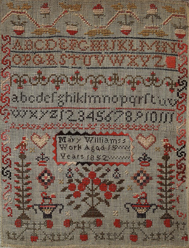 Sampler (motifs & alphabet), made in Llandeilo, 1852