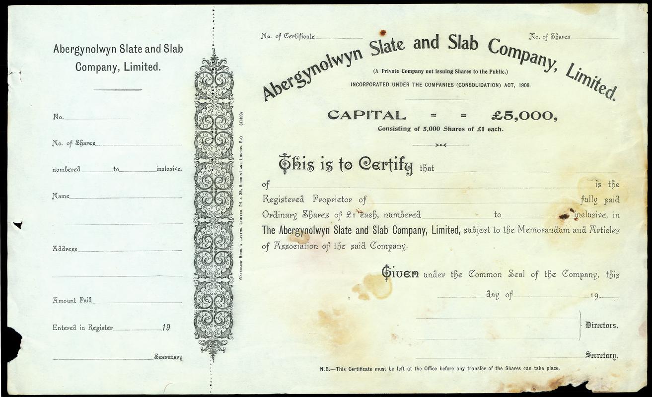 Share Certificate "The Abergynolwyn Slate and Slab Company Limited"