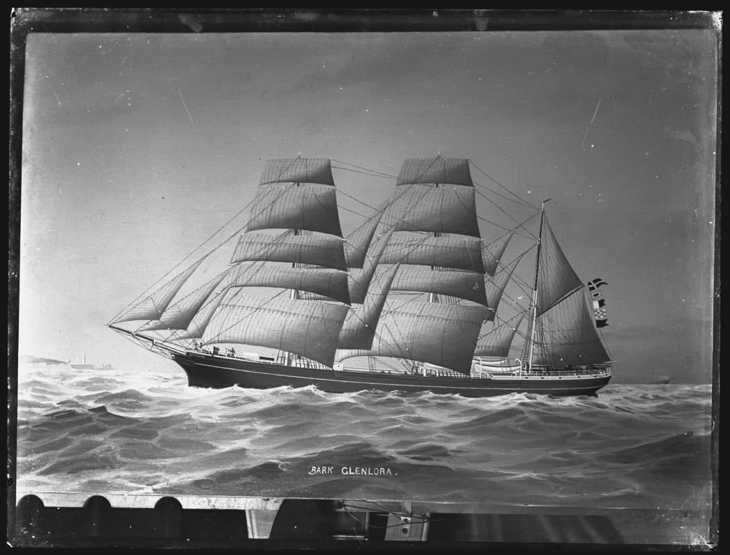 Photograph of a painting showing a port broadside view of the three-masted barque GLENLORA.  Title of painting - BARK. GLENLORA.