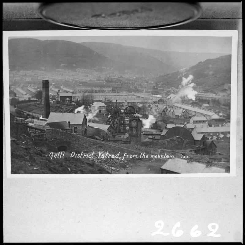 Black and white film negative of a photograph showing a surface view Gelli Colliery, Ystrad.  'Gelli Ystrad' is transcribed from original negative bag.
