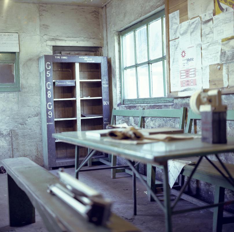 Colour film negative showing the inside of an office, Big Pit.