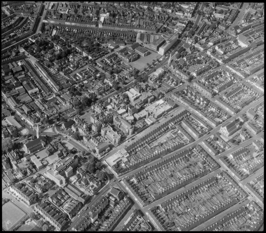 Aerial view of the Newport Road area of Cardiff showing the Royal Infirmary and high school.