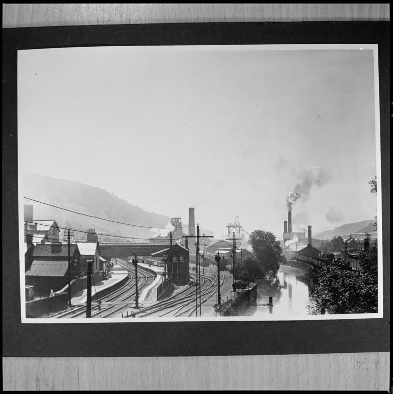 Black and white film negative of a photograph showing a surface view of Nixon's Navigation Colliery, Mountain Ash.  'Nixon's Navigation' is transcribed from original negative bag.