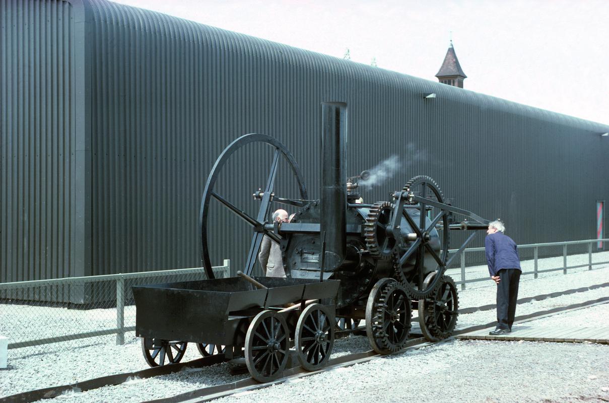 Replica of Trevithick's Penydarren locomotive at WIMM at its inauguration in 1981
