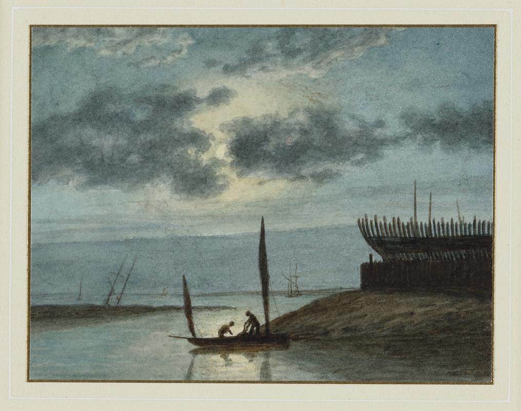 Boat builder's yard at Cardiff, by moonlight