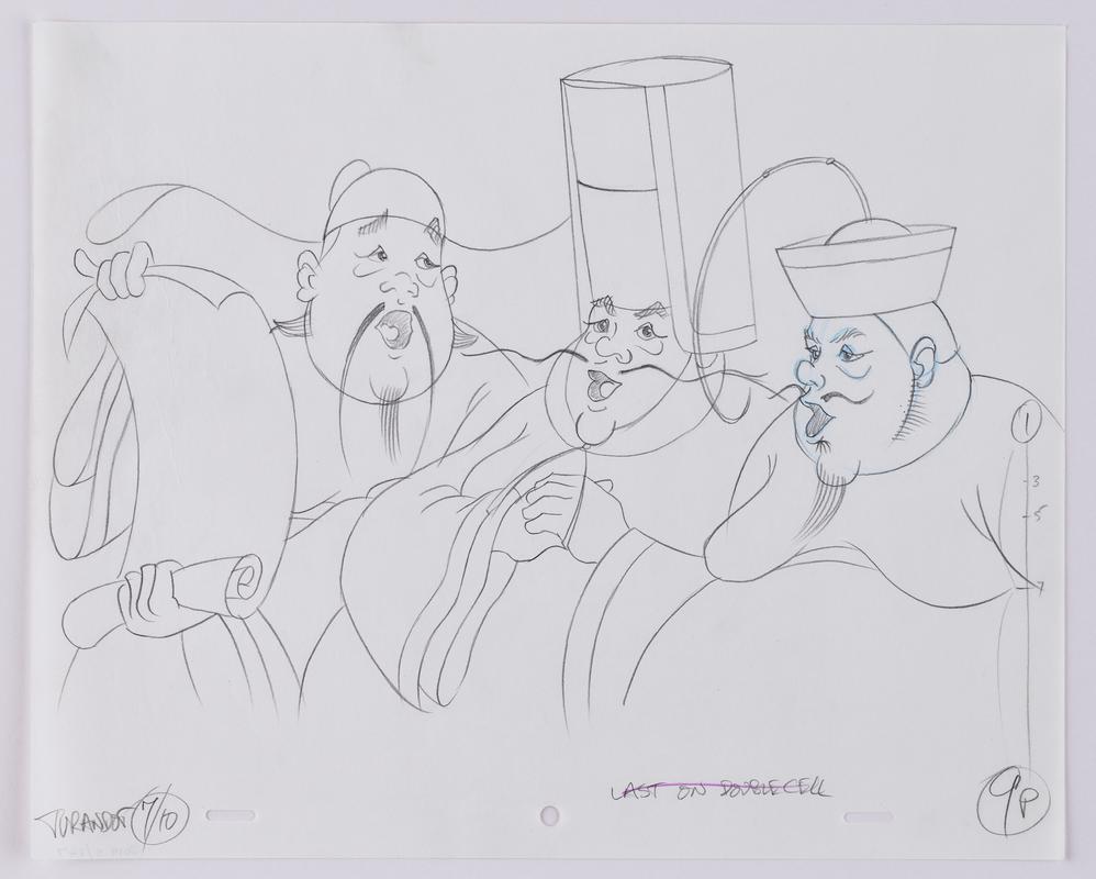 Turandot animation production sketch of three ministers.