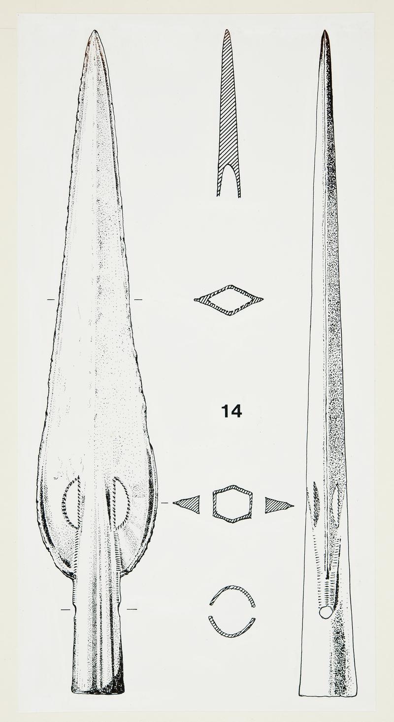 Guilsfield spearheads - illustration showing cross-section of hollow blades. No.s 14 close up