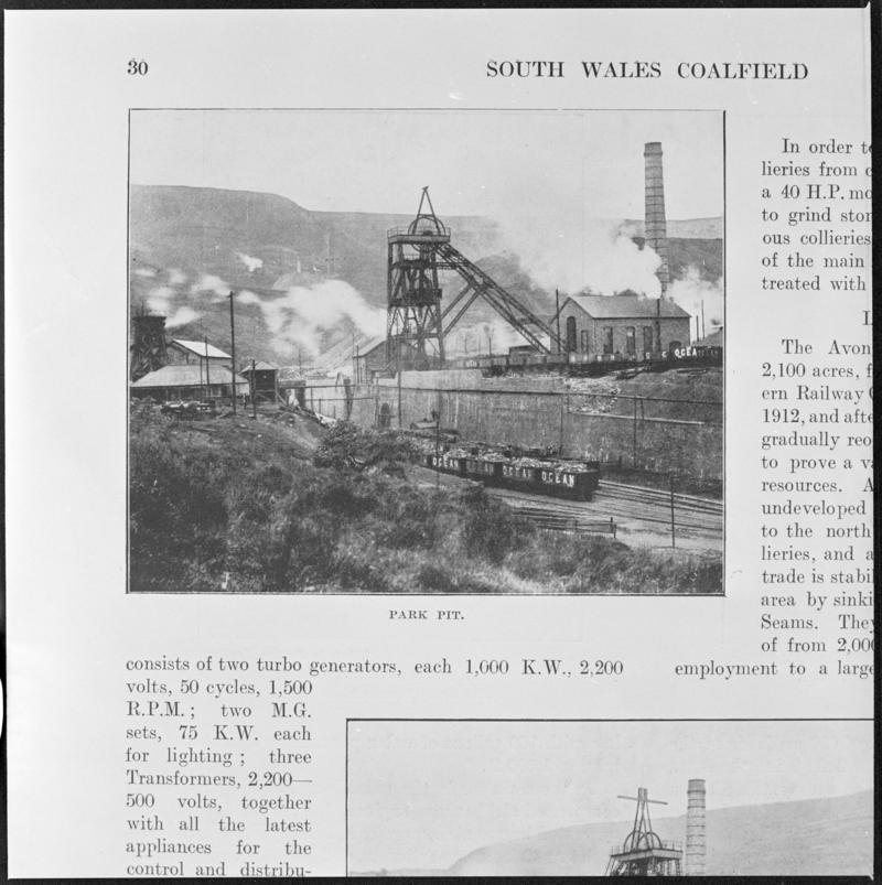 Black and white film negative showing a general surface view of Park Colliery, photographed from a publication.  'Park Colliery' is transcribed from original negative bag.