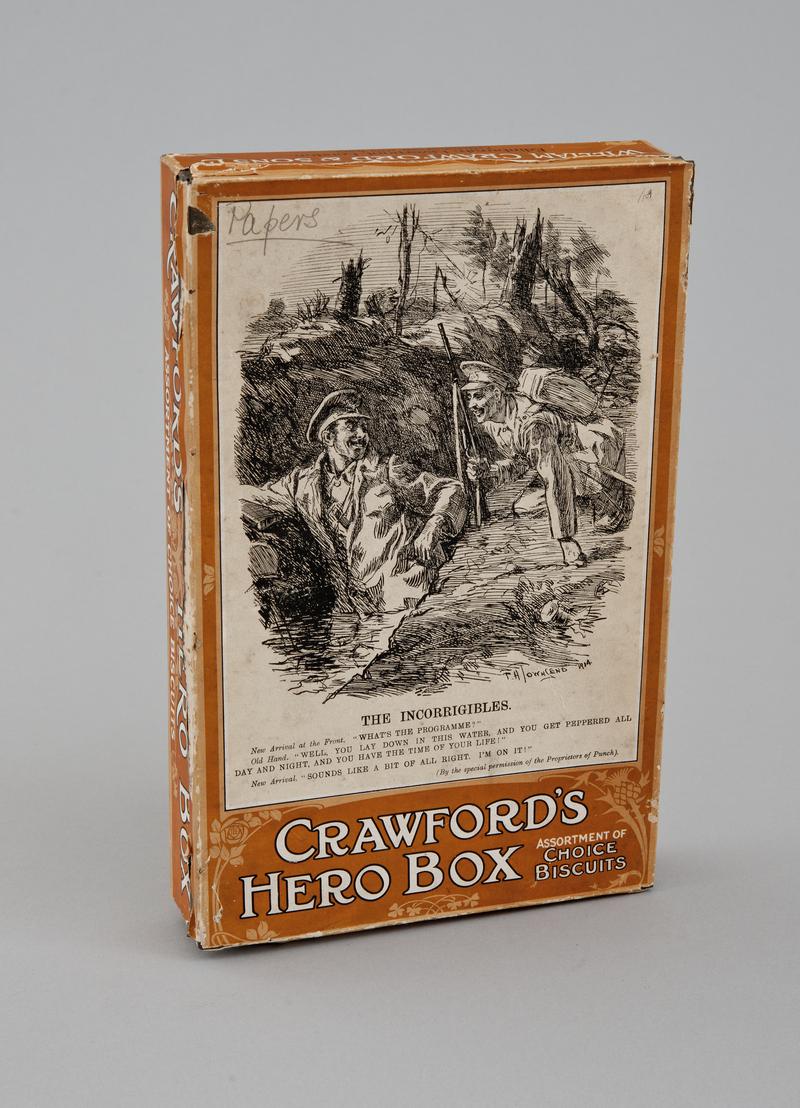 Biscuit tin inscribed 'CRAWFORD'S HERO BOX'
