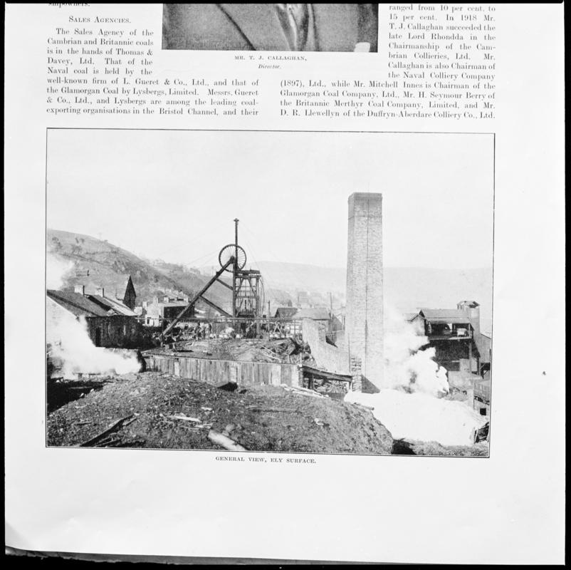 Black and white film negative showing a general surface view of Ely Colliery, photographed from a publication. 'Ely Colliery' is transcribed from original negative bag.