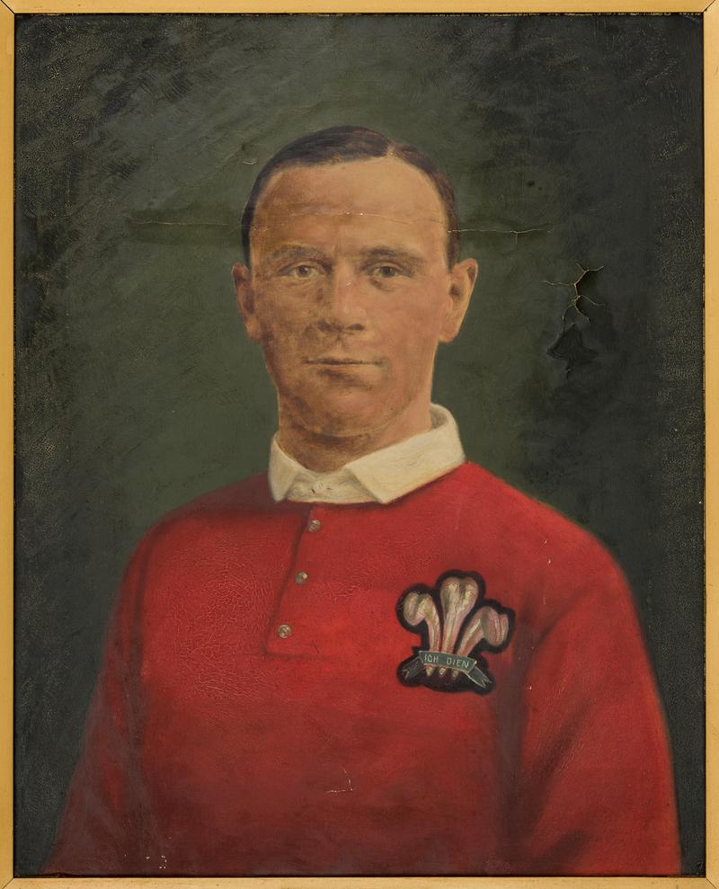 Framed painting - oil painting of Welsh Rugby International Willie Spiller.  "presented to W. Spiller, by a few friends, in commemoration of his attaining his Welsh Cap. 26th April 1911."