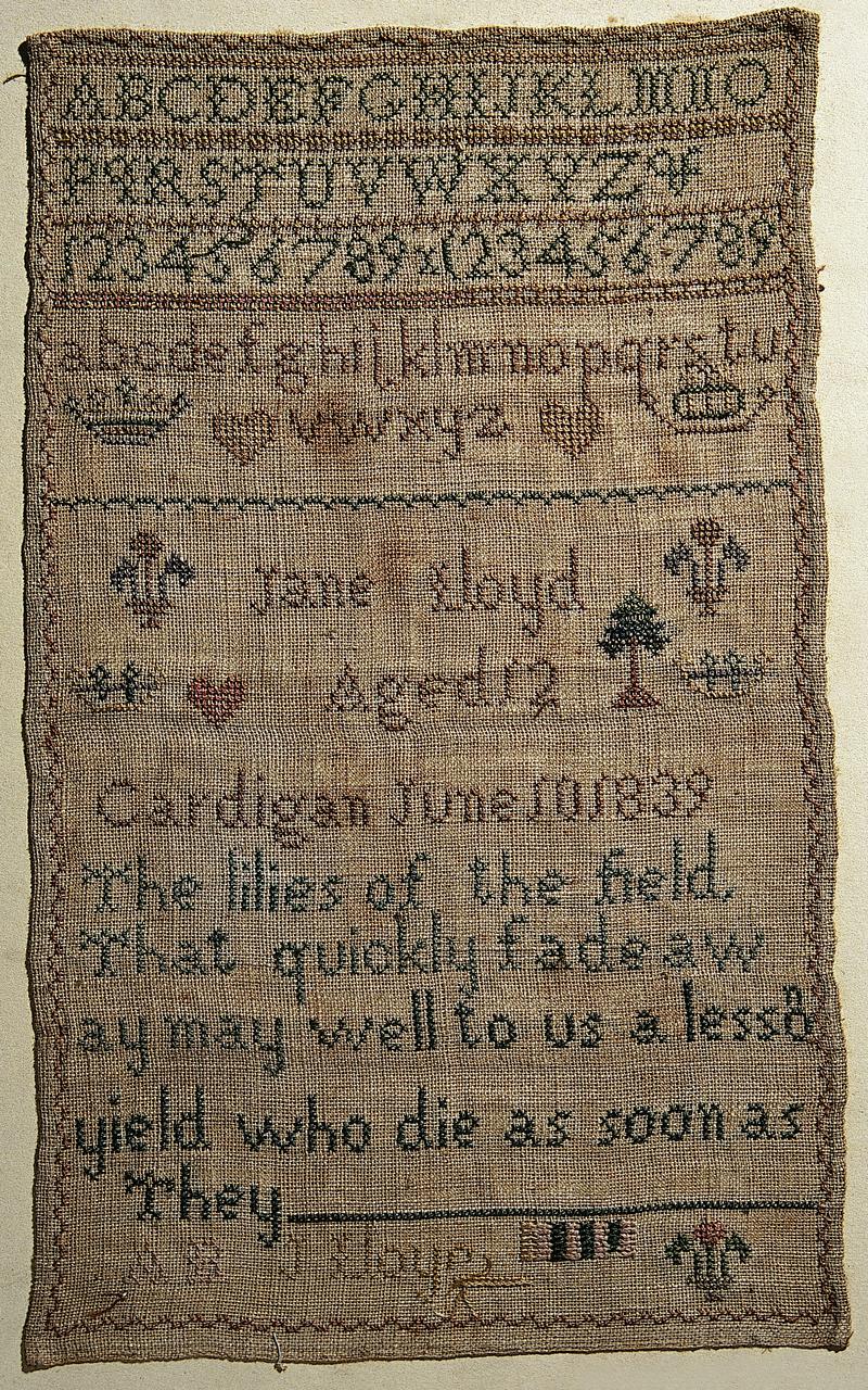 Sampler (alphabet & verse), made in Cardigan, 1839
