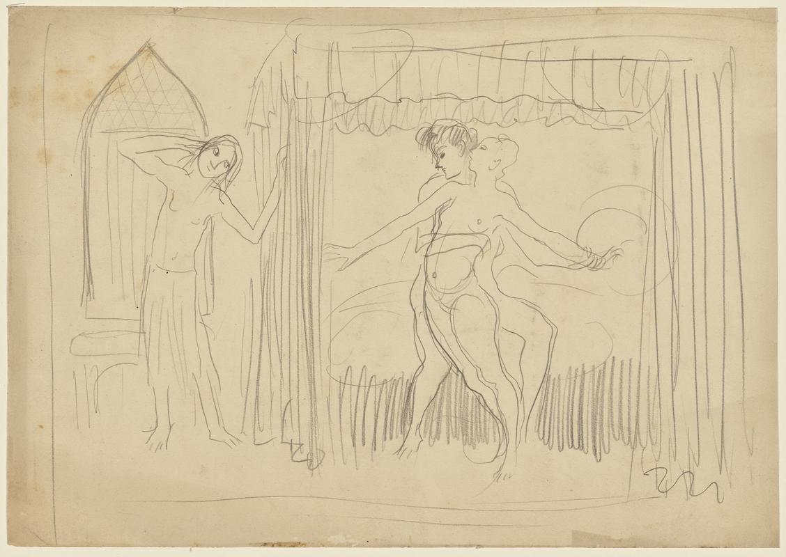 Figures beside a Canopied Bed