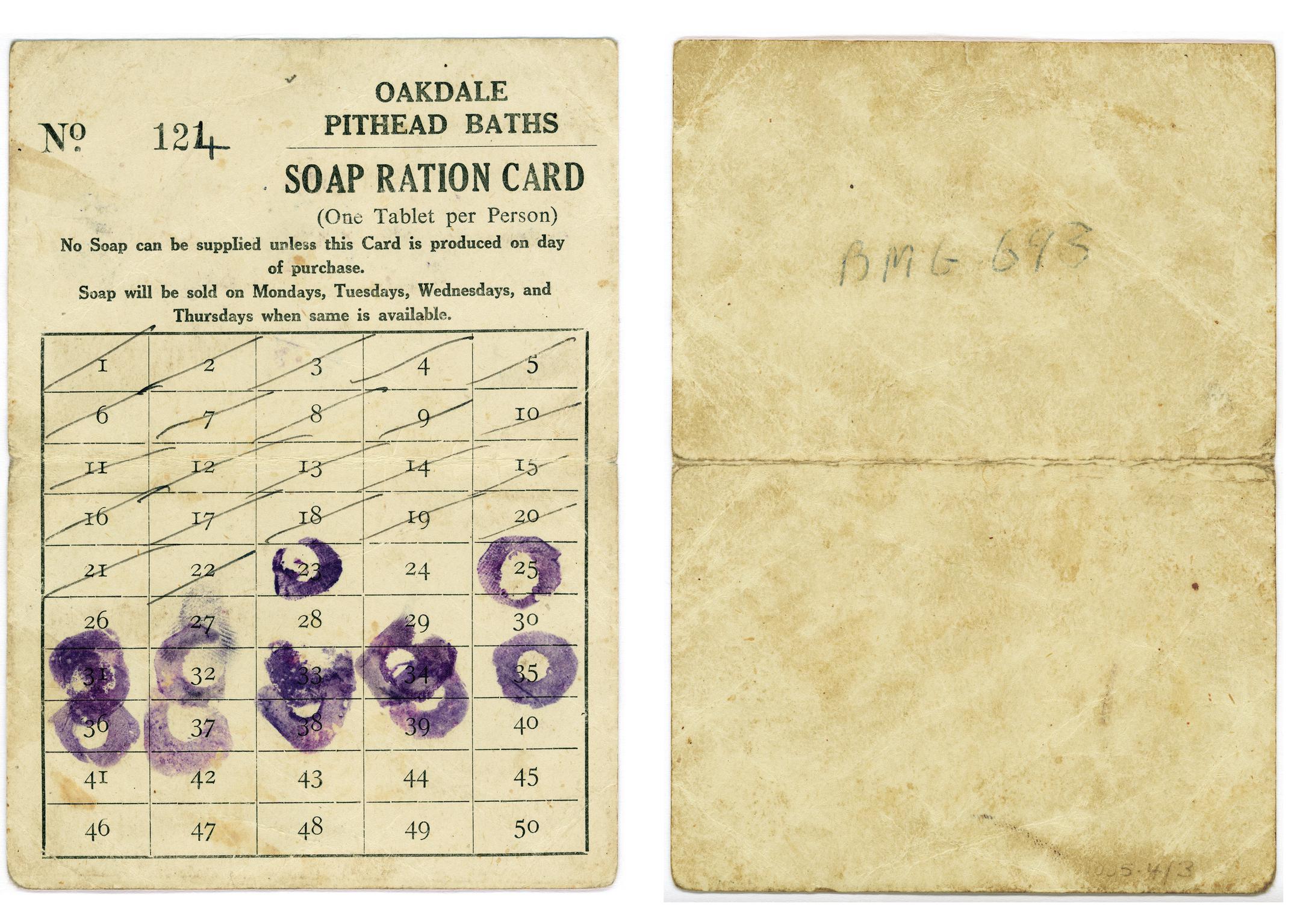 Oakdale pithead baths, soap ration card