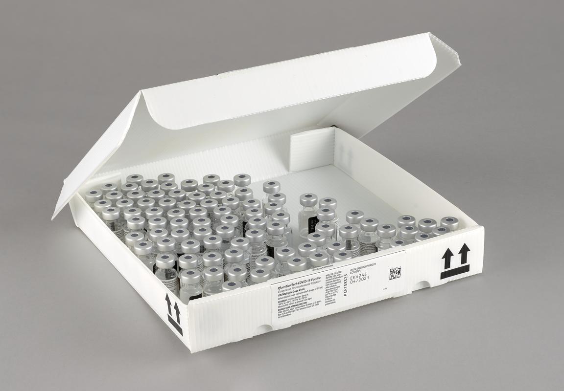 Correx box containing 88 empty 'Pfizer-BioNTech COVID-19 Vaccine' vials.
