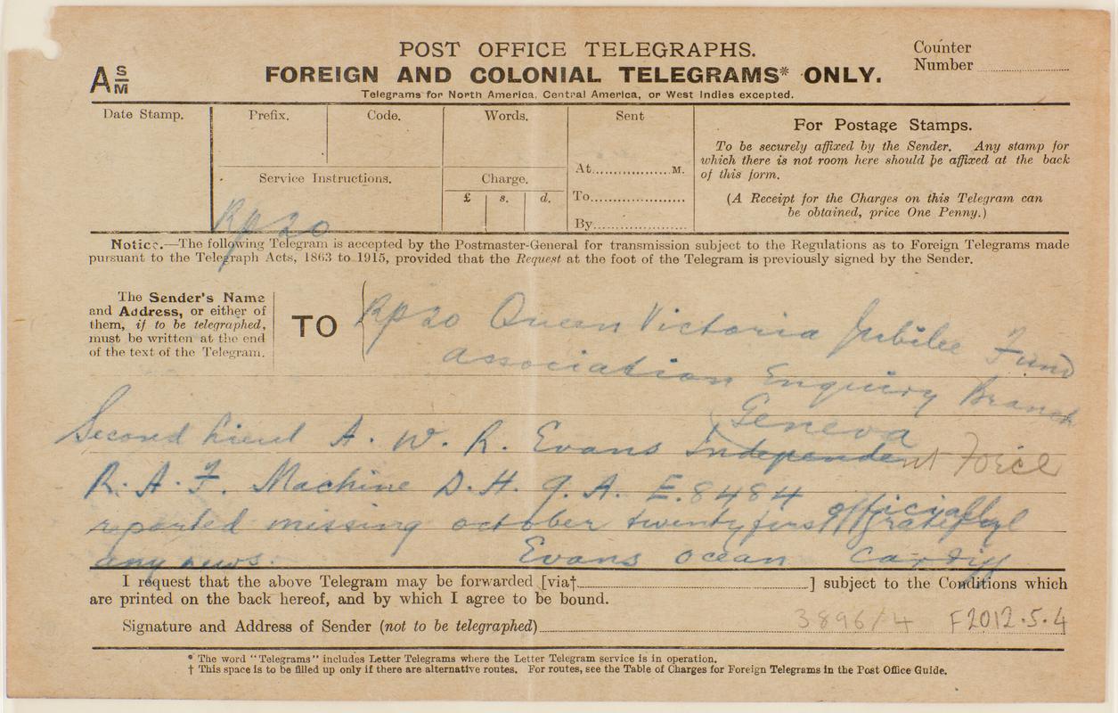 Foreign and Colonial Telegram sent by Eli Evans