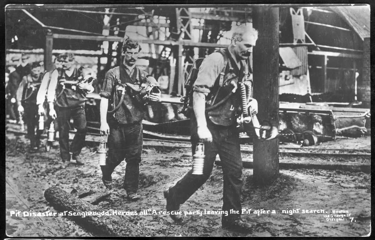 Universal Colliery, Senghenydd. Pit Disaster at Senghenydd. "Heroes all". A rescue party leaving the Pit after a night search.