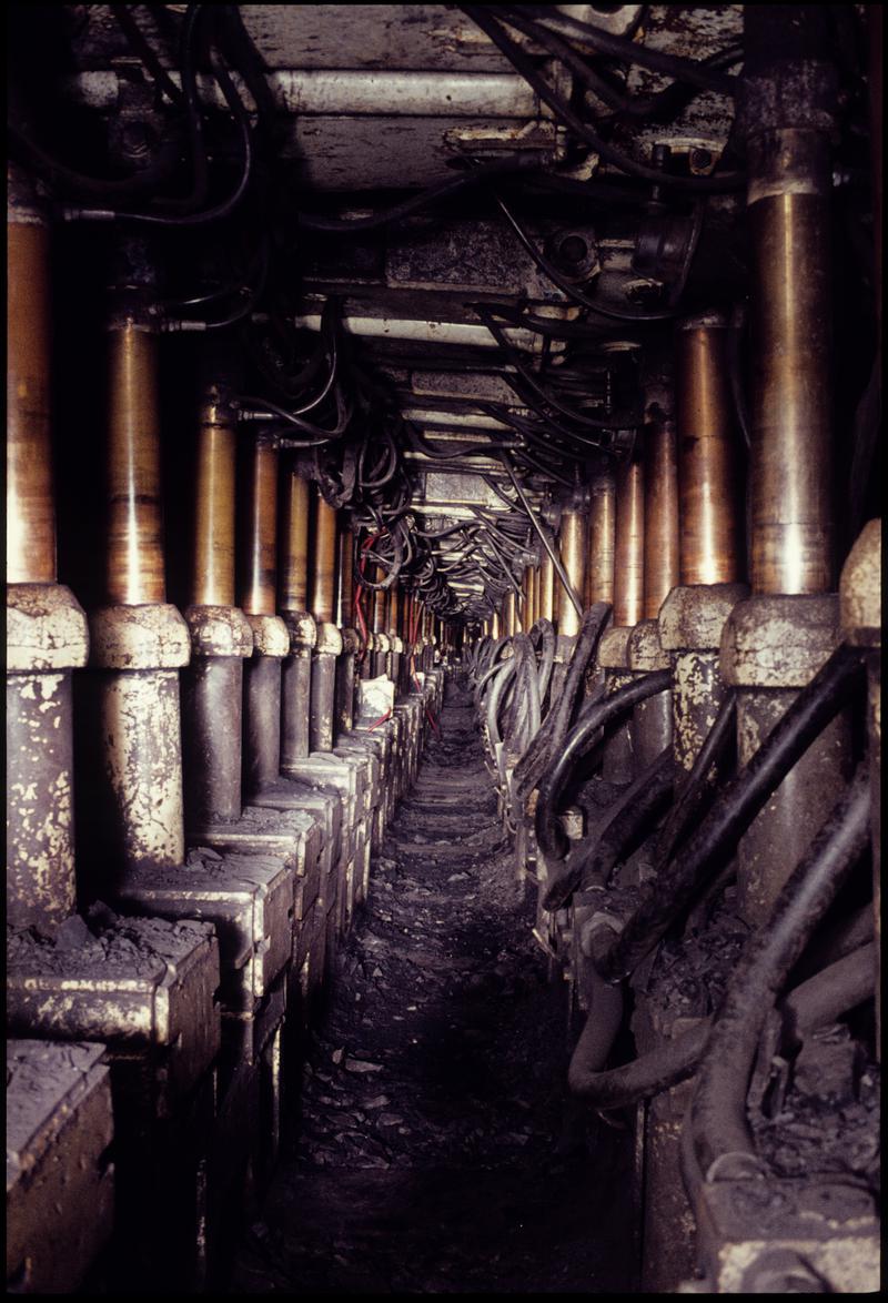 Colour film slide showing powered roof supports, Markham Colliery June 1977.  Appears to be identical to 2009.3/3162.