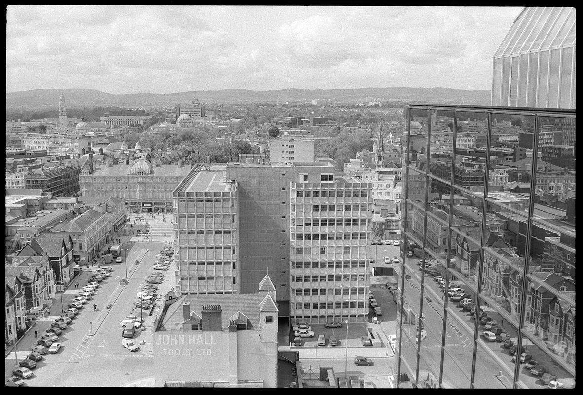 View from top of building on Churchill Way, looking north towards Cathays Park.