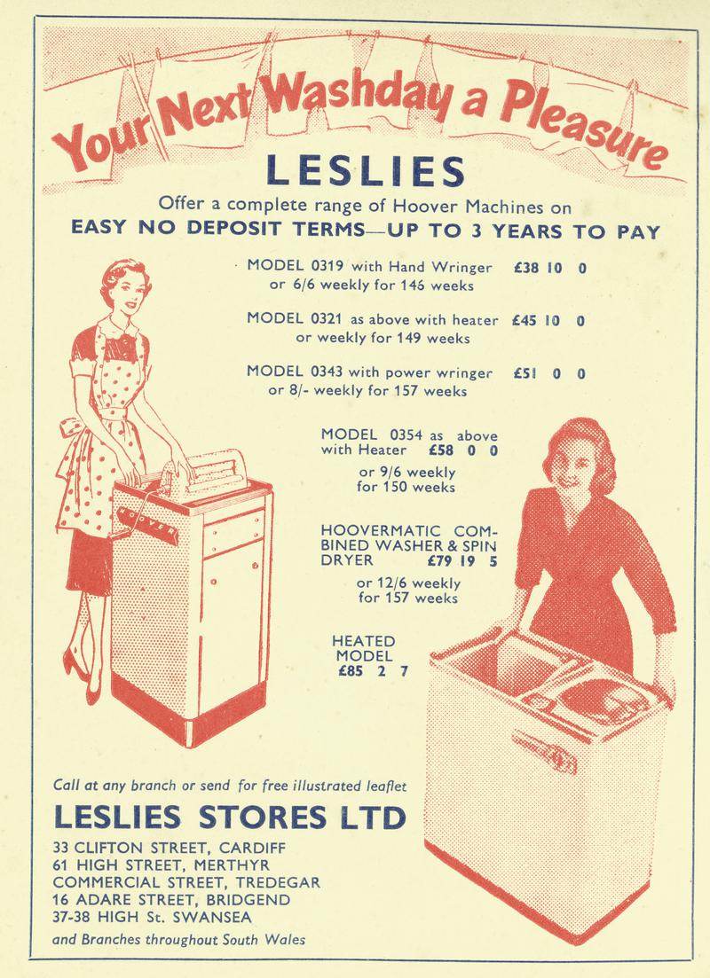 Leslie Stores Ltd. advertisment for Hoover washing machines inside front cover of recipe book "Tea Time Recipes 'Amser Te'"