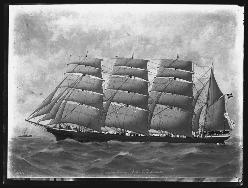Photograph of painting showing a port broadside view of the four-masted barque BANNOCKBURN.  Title of painting - ''Bannockburn', Capt. O.D. Hansen''.