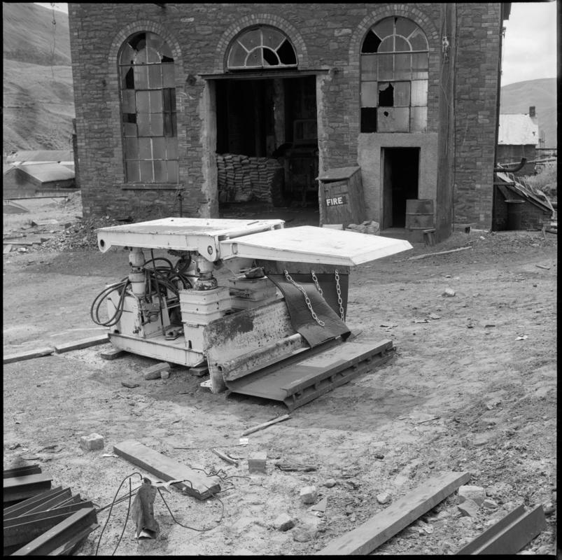 Black and white film negative showing chocks in the yard, Fernhill Colliery 1976.  'NCB Fernhill 1976' is transcribed from original negative bag.