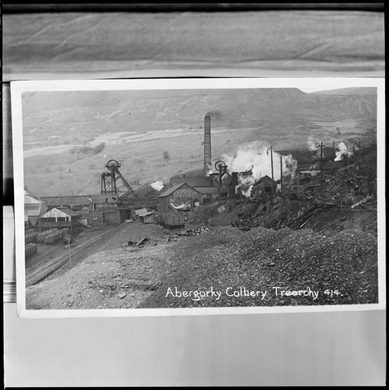 Black and white film negative of a photograph showing a surface view of Abergorki Colliery.  'Abergorki' is transcribed from original negative bag.