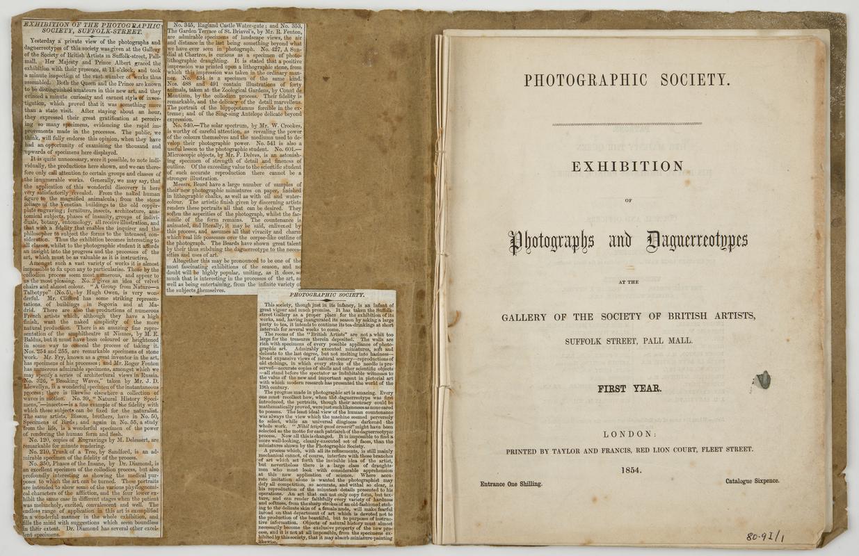 Catalogue of 1854 exhibition by Photographic Society, "Exhibition of Photographs and Daguerreotypes at the Gallery of the Society of British Artists." Inside cover and page 1
