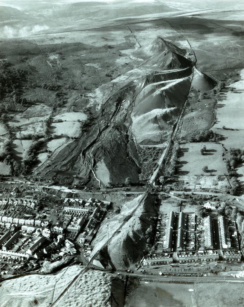 Aerial view showing landslip through houses and school, Aberfan